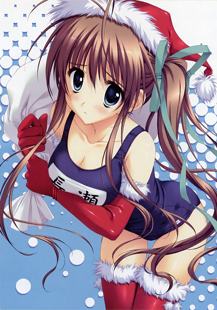 ryouka (suzuya), nagase minato, akane-iro ni somaru saka, 1girl, blue eyes, blush, breasts, brown hair, christmas, cleavage, elbow gloves, female focus, gloves, large breasts, long hair, one-piece swimsuit, ribbon, school swimsuit, side ponytail, solo, swimsuit, thighhighs