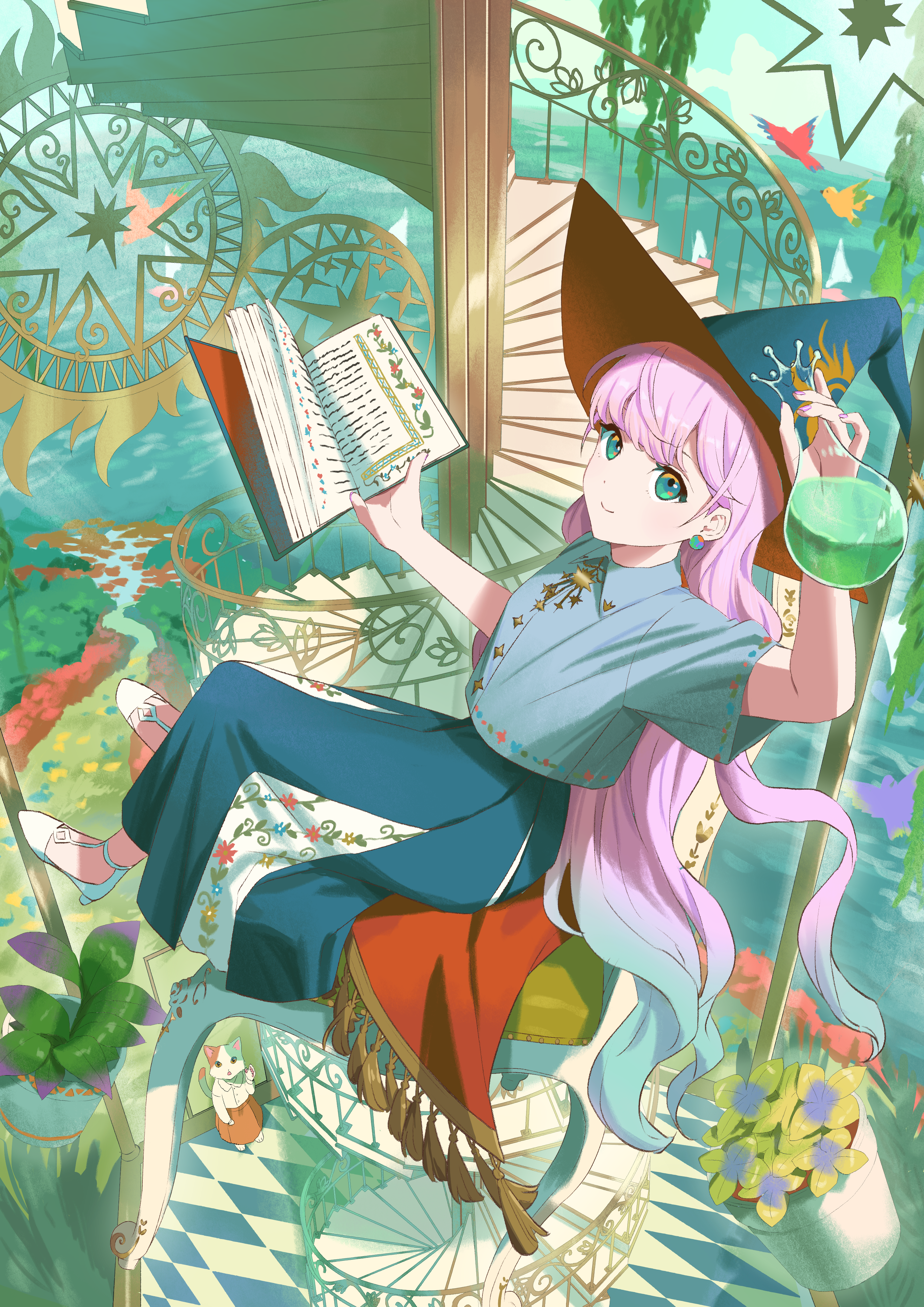 original, absurdres, commentary request, highres, 1girl, akibare (mmpv2224), blue hat, blue shirt, blue skirt, book, closed mouth, collared shirt, flask, full body, gradient hair, green eyes, green hair, hat, high heels, holding, holding book, holding flask, long hair, long skirt, looking at viewer, multicolored hair, open book, pink hair, round-bottom flask, shirt, shoes, short sleeves, sitting, skirt, smile, solo, stairs, two-tone hair, white shoes, witch, witch hat