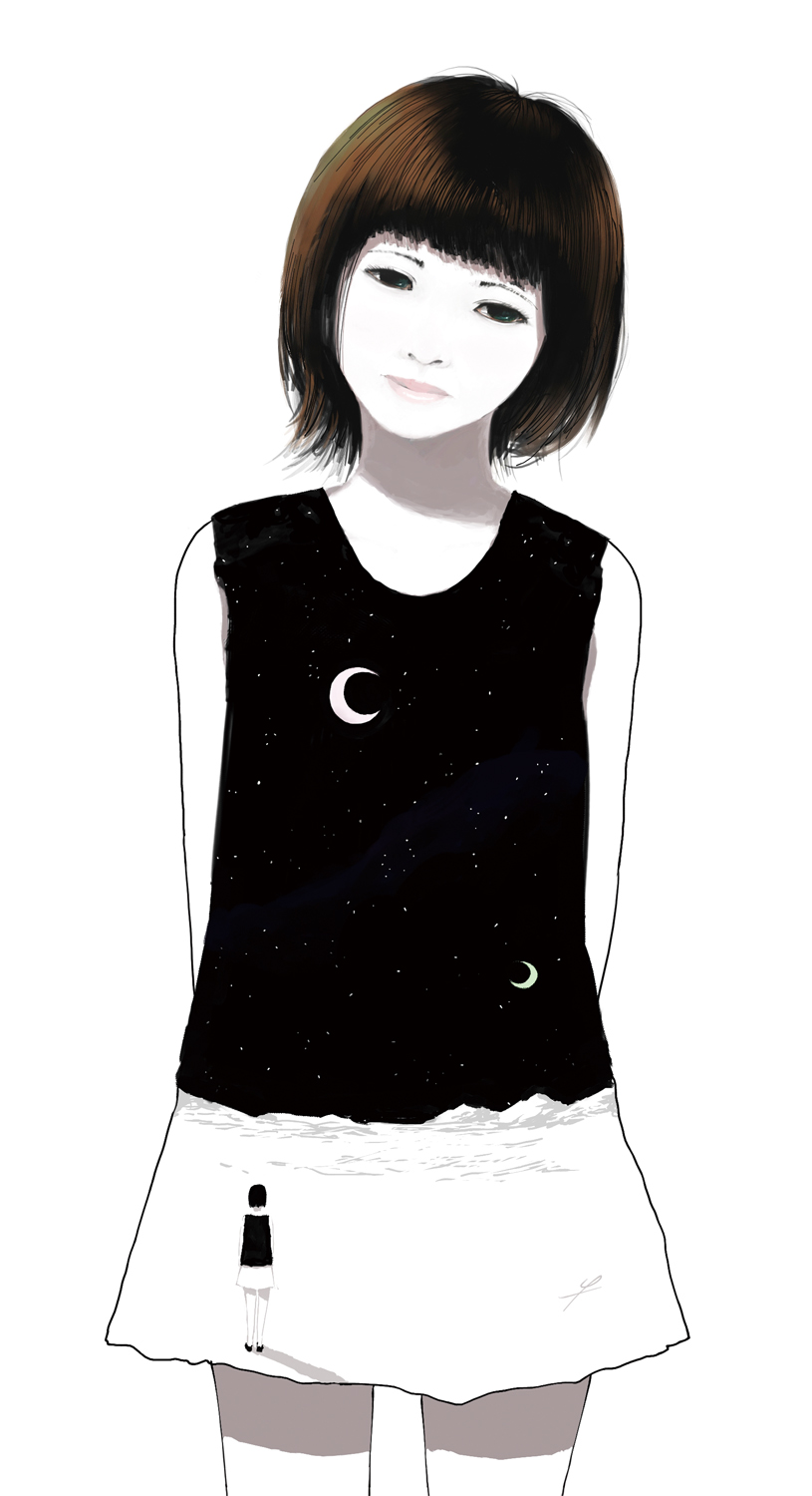 ldt, original, highres, 1girl, brown hair, closed mouth, colored skin, cowboy shot, multiple moons, short hair, simple background, skirt, solo, white background, white skin, white skirt
