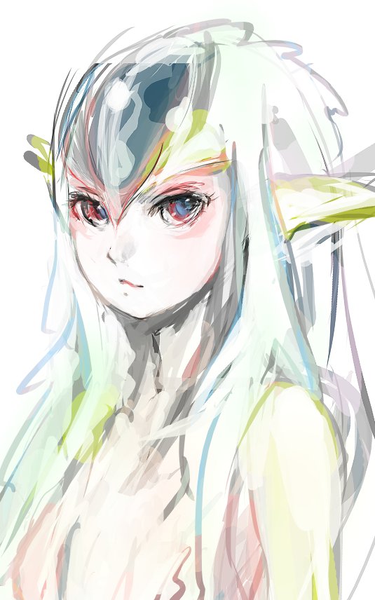 tyuurippu taisa, mutio, ao no roku-gou, md5 mismatch, 1girl, colored skin, female focus, furry, furry female, monster girl, pointy ears, red eyes, short hair, simple background, solo, therianthrope, white hair, yellow skin