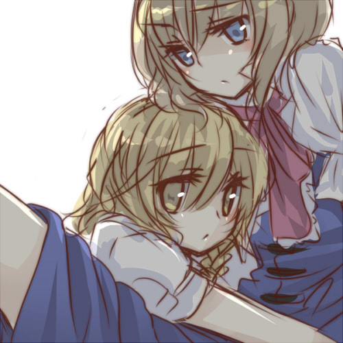 yatosaki haru, alice margatroid, kirisame marisa, touhou, lowres, 2girls, blonde hair, blue eyes, female focus, hug, multiple girls, short hair, yellow eyes, yuri