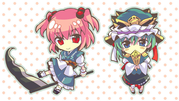 taki tarou, takitarou, onozuka komachi, shiki eiki, touhou, 2girls, blue dress, chibi, covered mouth, dress, female focus, full body, hair bobbles, hair ornament, looking at viewer, multiple girls, polearm, red eyes, red hair, rod of remorse, sash, scythe, short hair, simple background, standing, twintails, two side up, weapon, white background