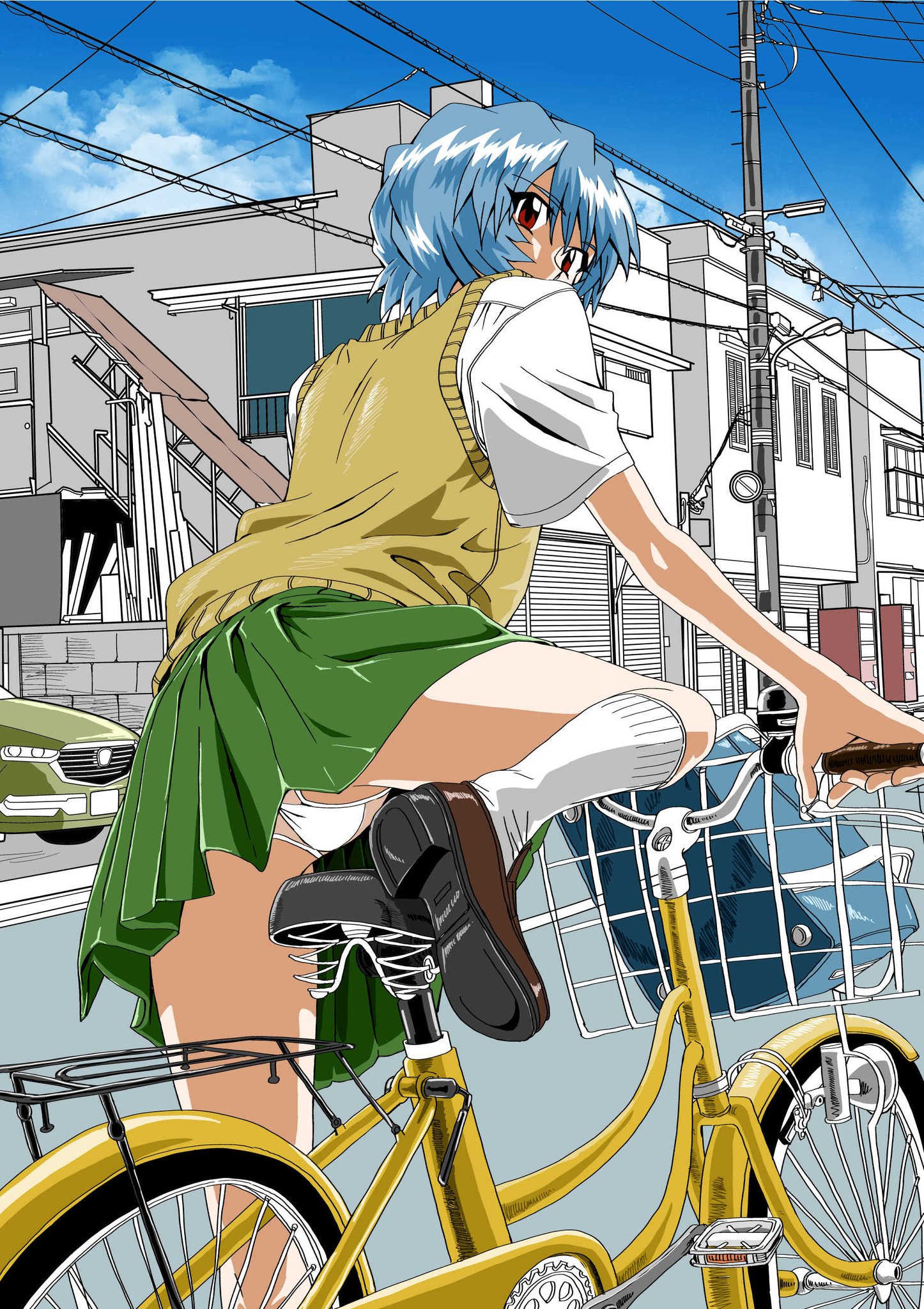 yuutaku, ayanami rei, neon genesis evangelion, 1girl, bicycle, blue hair, from behind, green skirt, loafers, looking at viewer, looking back, miniskirt, panties, pleated skirt, red eyes, school uniform, shirt, shoes, short hair, skirt, socks, sweater vest, thighs, underwear, upskirt, white panties, white shirt, white socks