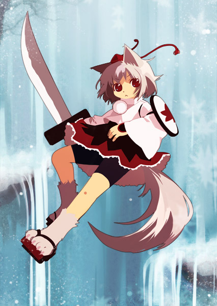 chaba (hortensia), inubashiri momiji, touhou, 1girl, animal ears, animal hands, female focus, hat, red hat, shield, solo, sword, water, waterfall, weapon, wolf ears