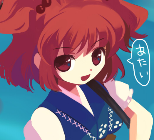 chaba (hortensia), onozuka komachi, touhou, 1girl, female focus, red eyes, red hair, solo, speech bubble
