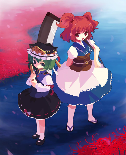 chaba (hortensia), onozuka komachi, shiki eiki, touhou, 2girls, arm behind back, blue eyes, female focus, flower, green hair, multiple girls, petals, red eyes, red flower, red hair, rod of remorse, sandals, spider lily, zouri