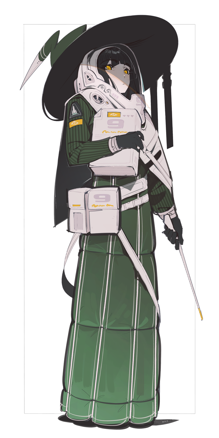 kamameshi gougoumaru, original, highres, 1girl, black gloves, black hair, book, dress, expressionless, full body, gloves, green dress, green hat, hat, helmet, holding, holding book, holding wand, science fiction, simple background, solo, space helmet, spacesuit, wand, white background, witch, witch hat, yellow eyes