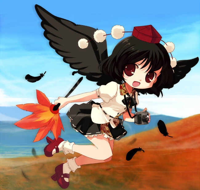 chaba (hortensia), shameimaru aya, touhou, 1girl, black hair, black wings, camera, female focus, geta, hand fan, hat, holding, holding fan, looking at viewer, open mouth, red eyes, red hat, short hair, smile, solo, tengu-geta, wings