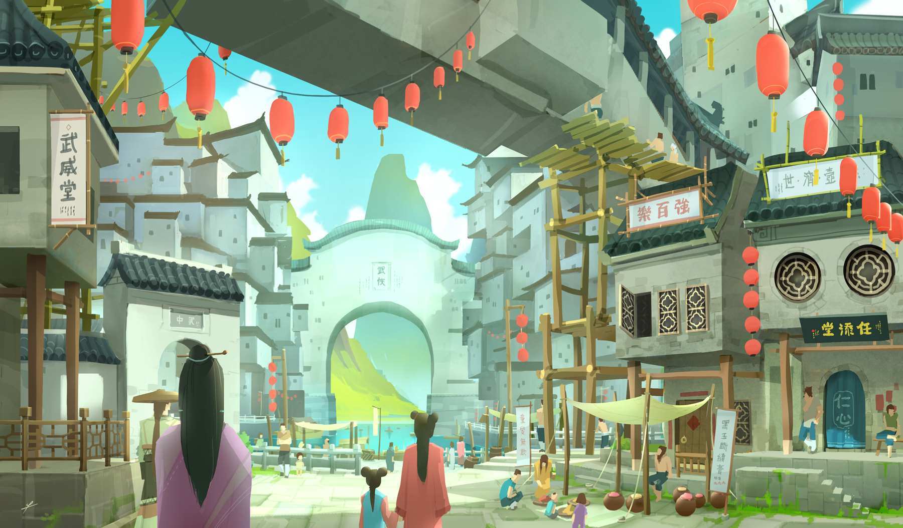 ldt, original, highres, china, city, double bun, gate, hair bun, hair ornament, hair stick, lantern, long hair, paper lantern, scaffolding, stairs, wuxia