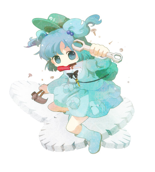 chaba (hortensia), kawashiro nitori, touhou, 1girl, backpack, bag, basket, blue eyes, blue hair, blush, female focus, full body, holding, long sleeves, looking at viewer, matching hair/eyes, simple background, solo, twintails, two side up, white background, wrench