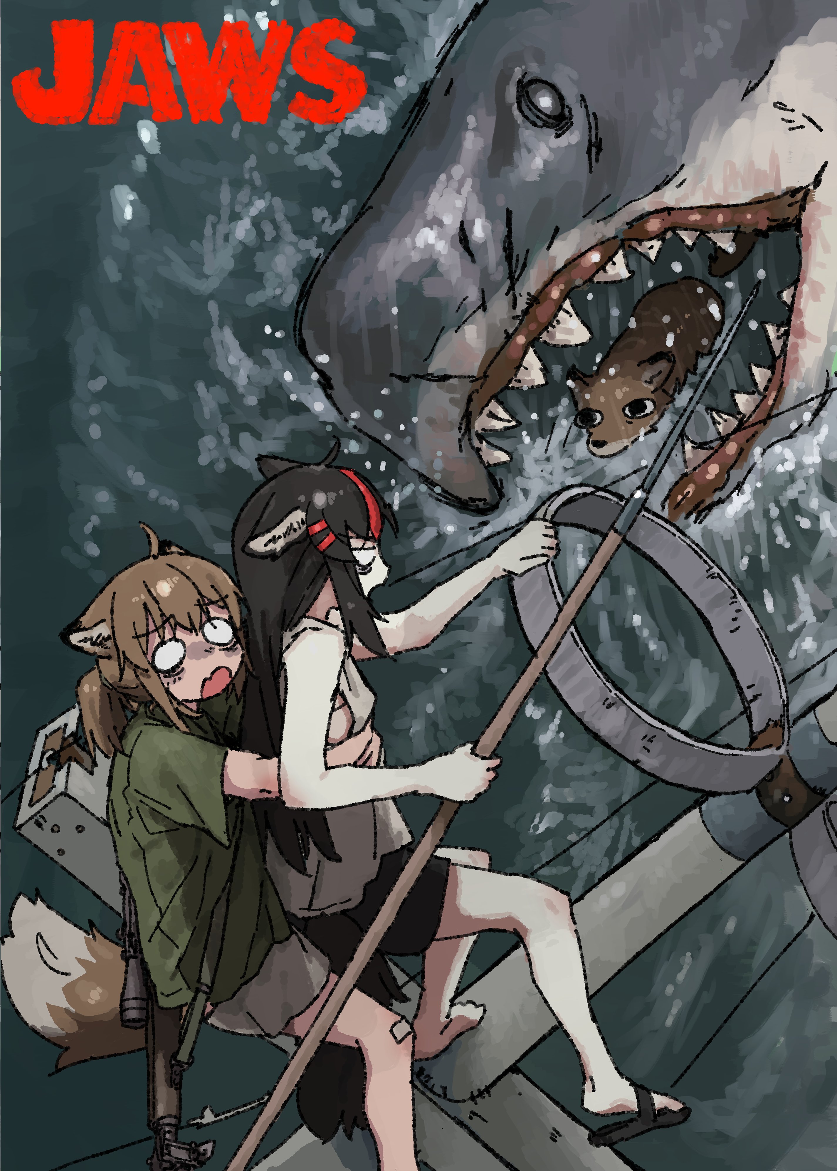 yihan world, fox girl (yihan world), jaws (movie), original, absurdres, highres, 2girls, animal, animal ears, arms around waist, black hair, black shorts, borrowed character, brown hair, copyright name, flip-flops, fox, fox ears, fox girl, fox tail, green shirt, mast, multicolored hair, multiple girls, o o, open mouth, polearm, ponytail, red hair, sandals, scared, shark, sharp teeth, shirt, shoes, short shorts, shorts, single shoe, spear, tail, teeth, water, weapon