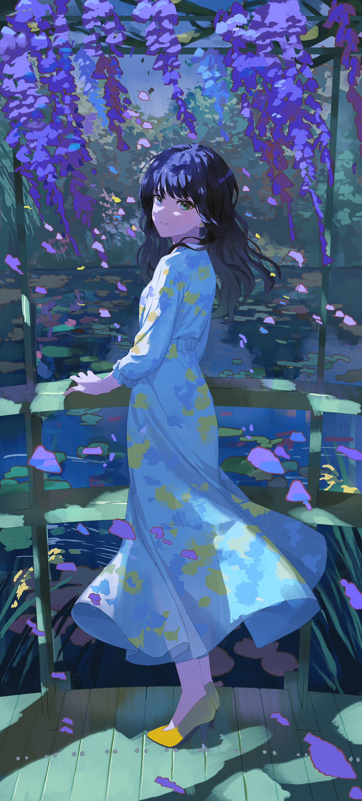 original, absurdres, commentary, highres, 1girl, akibare (mmpv2224), black hair, blue dress, blue eyes, closed mouth, dress, flower, full body, high heels, long hair, long sleeves, looking at viewer, outdoors, shoes, smile, solo, standing, wisteria, yellow shoes