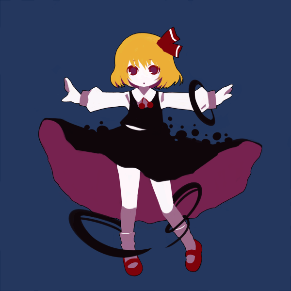 chaba (hortensia), rumia, embodiment of scarlet devil, touhou, 1girl, blonde hair, closed mouth, darkness, dot mouth, female focus, hair ribbon, outstretched arms, red eyes, red shoes, ribbon, shoes, short hair, solo, spread arms