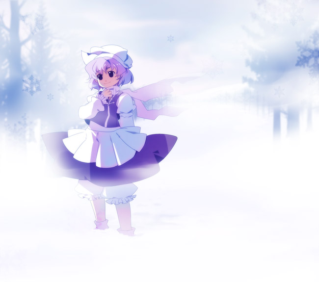 chaba (hortensia), letty whiterock, touhou, 1girl, arm behind back, female focus, hat, scarf, snow, solo, white hat, white scarf