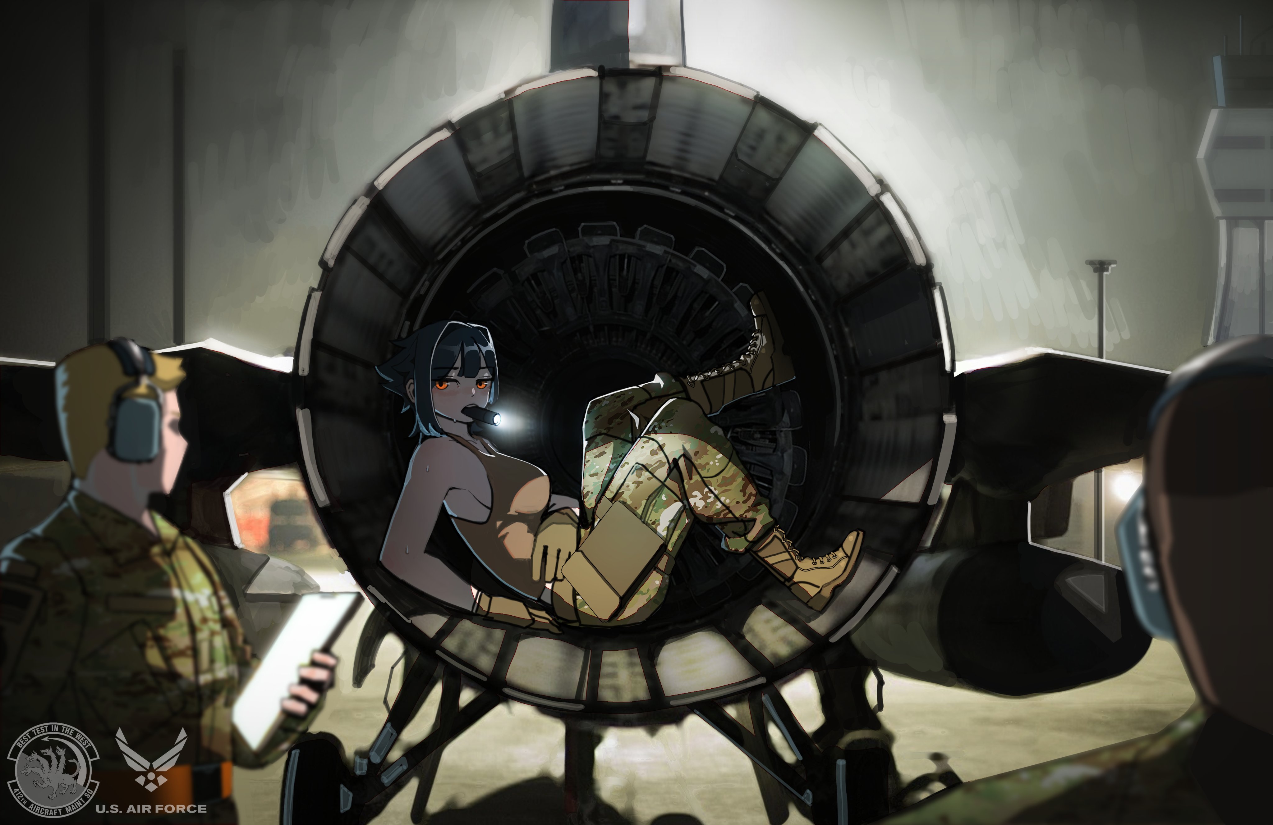 bendit, original, united states air force, absurdres, commentary, english commentary, highres, 1girl, 2boys, aircraft, airplane, black hair, blonde hair, boots, breasts, brown boots, brown gloves, camouflage, camouflage pants, faceless, faceless male, fighter jet, flashlight, gloves, hair intakes, headset, logo, military uniform, military vehicle, mouth hold, multiple boys, pants, red eyes, sweat, tank top, turbine