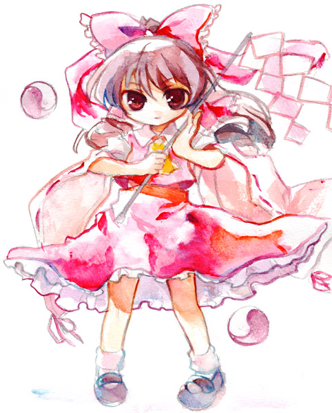 chaba (hortensia), hakurei reimu, touhou, 1girl, brown hair, detached sleeves, female focus, full body, gohei, long hair, looking at viewer, mary janes, red eyes, shoes, simple background, solo, standing, white background