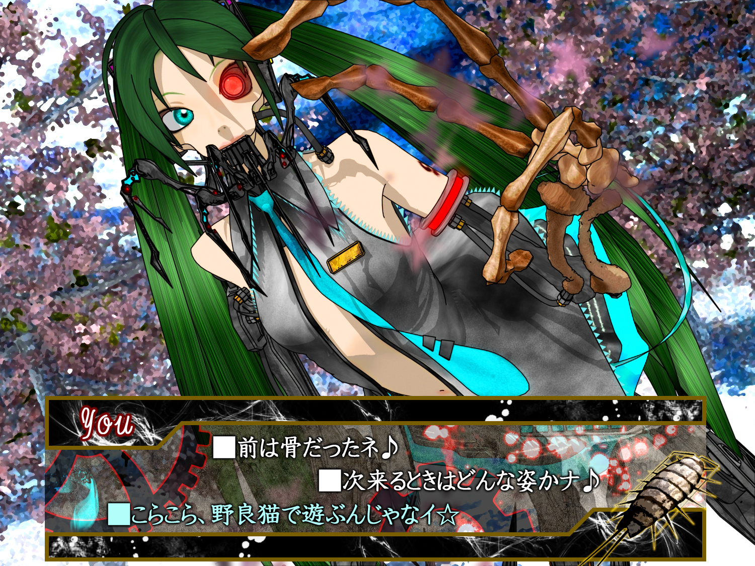deino (deino3330), calne ca (deino), hatsune miku, nato-kun, original, vocaloid, 1girl, 2009, 3d, android, aqua eyes, arm tattoo, artificial eye, bare shoulders, blue necktie, cherry blossoms, cosplay, cyborg, fake screenshot, glowing, glowing eyes, green hair, hatsune miku (cosplay), isopod, long hair, mechanical arms, mechanical eye, necktie, parody, red eyes, solo, tattoo, twintails, very long hair, visual novel