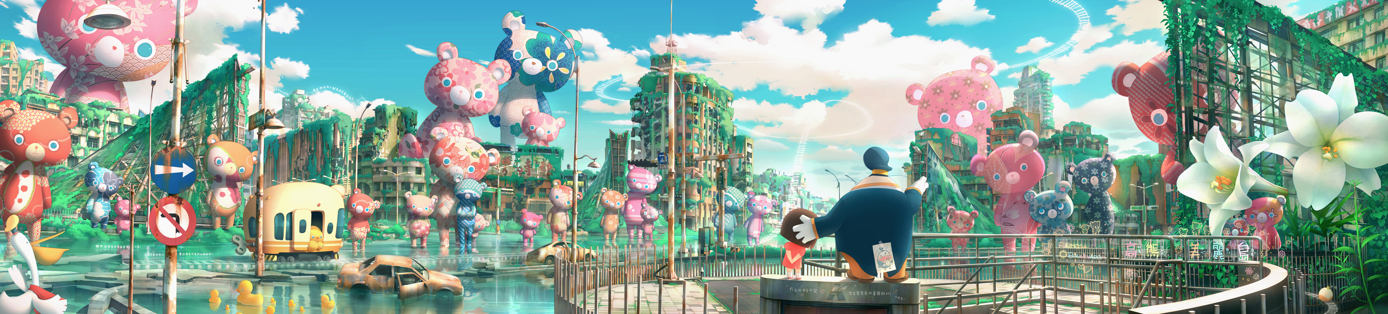 ldt, original, absurdres, highres, long image, wide image, cloud, flower, large teddy bear, outdoors, overgrown, oversized flower, road sign, ruins, sign, taiwan