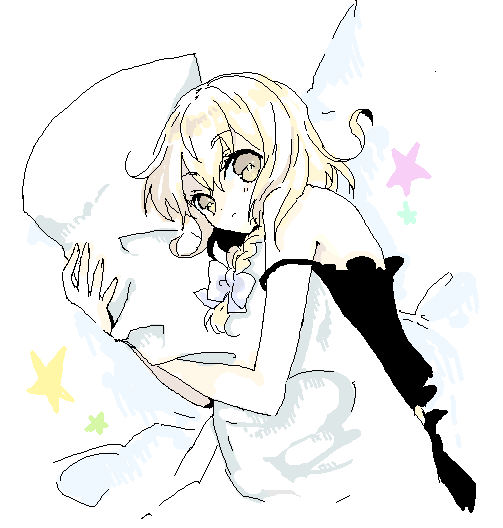 shiina aya, kirisame marisa, touhou, 1girl, bare shoulders, blonde hair, blush, brown eyes, dress, female focus, hugging object, looking at viewer, oekaki, pillow, pillow hug, simple background, solo, white background, white dress
