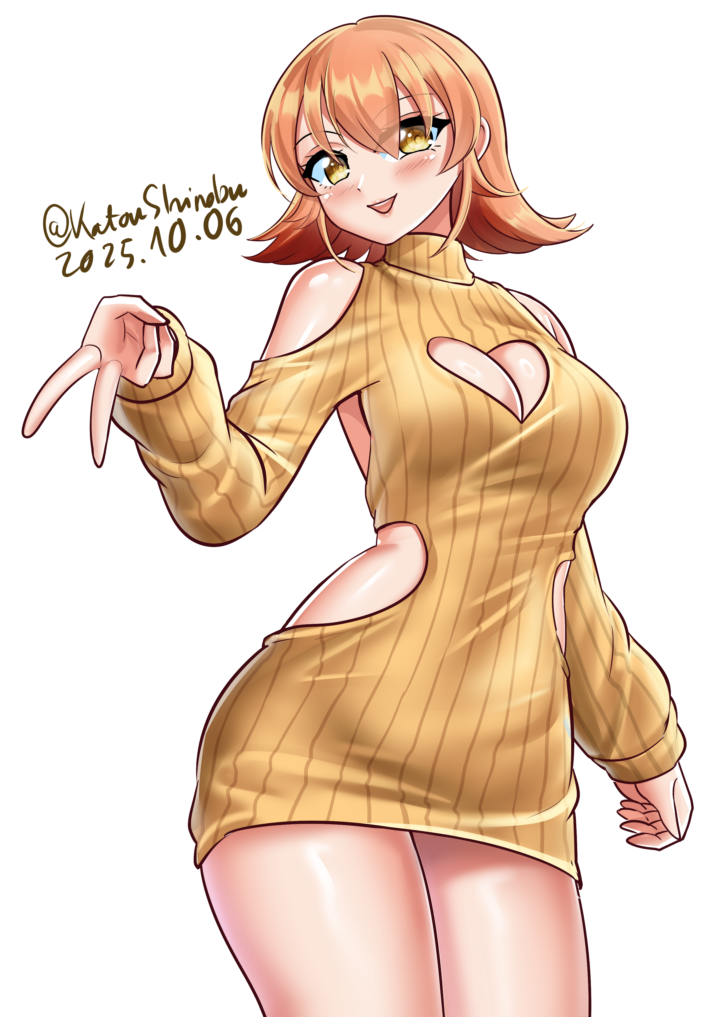 katou shinobu, richard p. leary (kancolle), kantai collection, absurdres, commentary, highres, 1girl, alternate costume, birthday, blush, breasts, brown dress, brown eyes, brown hair, cleavage, cleavage cutout, clothing cutout, cowboy shot, dated, dress, flipped hair, hip vent, looking at viewer, medium breasts, one-hour drawing challenge, open mouth, short hair, simple background, smile, solo, sweater, sweater dress, twitter username, v, white background