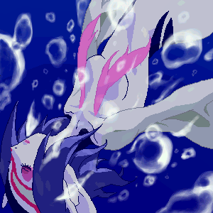 kon (kdash), mutio, ao no roku-gou, lowres, 1girl, blue hair, breasts, bubble, closed eyes, female focus, monster girl, nude, oekaki, pointy ears, short hair, small breasts, solo, underwater, upper body, water