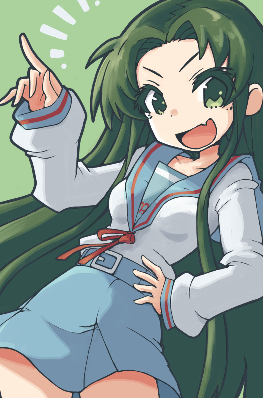 tsuda takashi, tsuruya, suzumiya haruhi no yuuutsu, commentary, highres, 1girl, blue sailor collar, blue skirt, collarbone, emphasis lines, fang, green background, green eyes, green hair, hand on own hip, kita high school uniform, long hair, neck ribbon, open mouth, pointing, red ribbon, ribbon, sailor collar, school uniform, shirt, simple background, skin fang, skirt, solo, white shirt