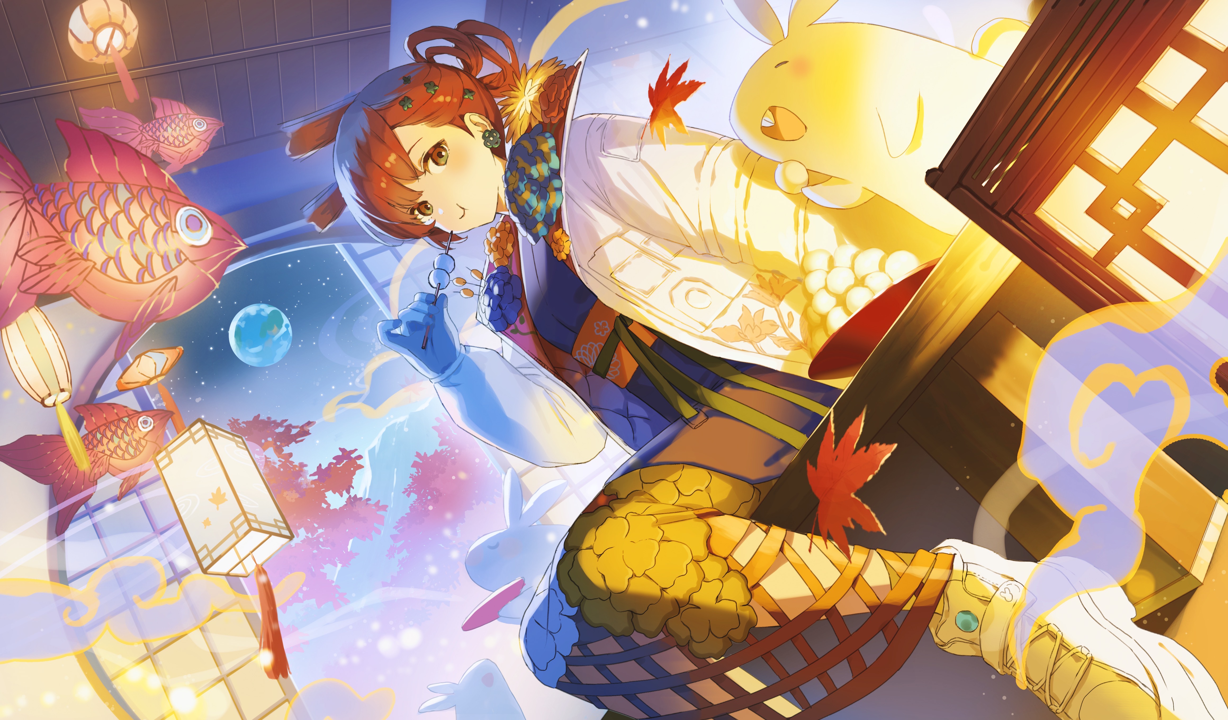 original, absurdres, commentary request, highres, 1girl, akibare (mmpv2224), animal ears, blue kimono, blush, brown eyes, brown hair, closed mouth, dango, eating, fish, food, foot out of frame, goldfish, holding, holding food, jacket, japanese clothes, kimono, lantern, long sleeves, looking at viewer, obi, open clothes, open jacket, orange sash, rabbit, rabbit ears, rabbit girl, sash, shoes, short hair, sitting, sneakers, solo, wagashi, white jacket, white shoes