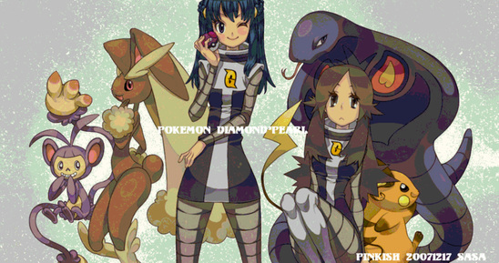 pinkish, ambipom, arbok, dawn (pokemon), green (pokemon), lopunny, raichu, nintendo, pokemon, pokemon adventures, pokemon dppt, pokemon rgby, source request, 00s, 1990s (style), 2007, 2girls, blue eyes, blue hair, blush, boots, brown eyes, brown hair, copyright name, dress, gen 1 pokemon, gen 4 pokemon, holding, holding poke ball, long hair, multiple girls, one eye closed, pantyhose, poke ball, poke ball (basic), pokemon (creature), retro artstyle, team galactic, wink