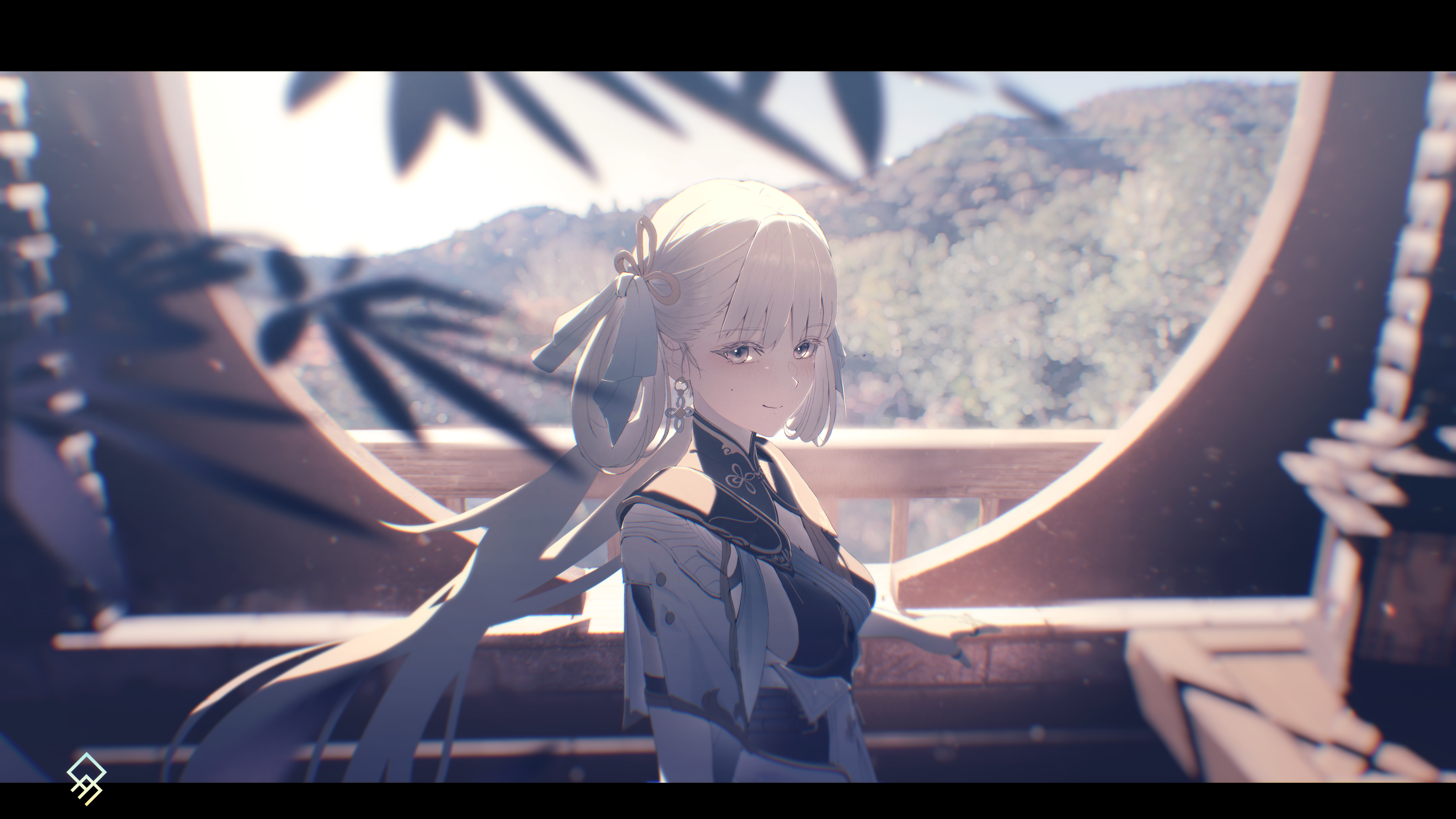 quragenomiken, jinhsi (wuthering waves), wuthering waves, absurdres, commentary, english commentary, highres, 1girl, artist logo, black dress, bow, breasts, closed mouth, dress, from side, hair bow, hair rings, letterboxed, logo, looking at viewer, looking to the side, medium breasts, mole, mole on cheek, smile, solo, upper body, white bow, white eyes