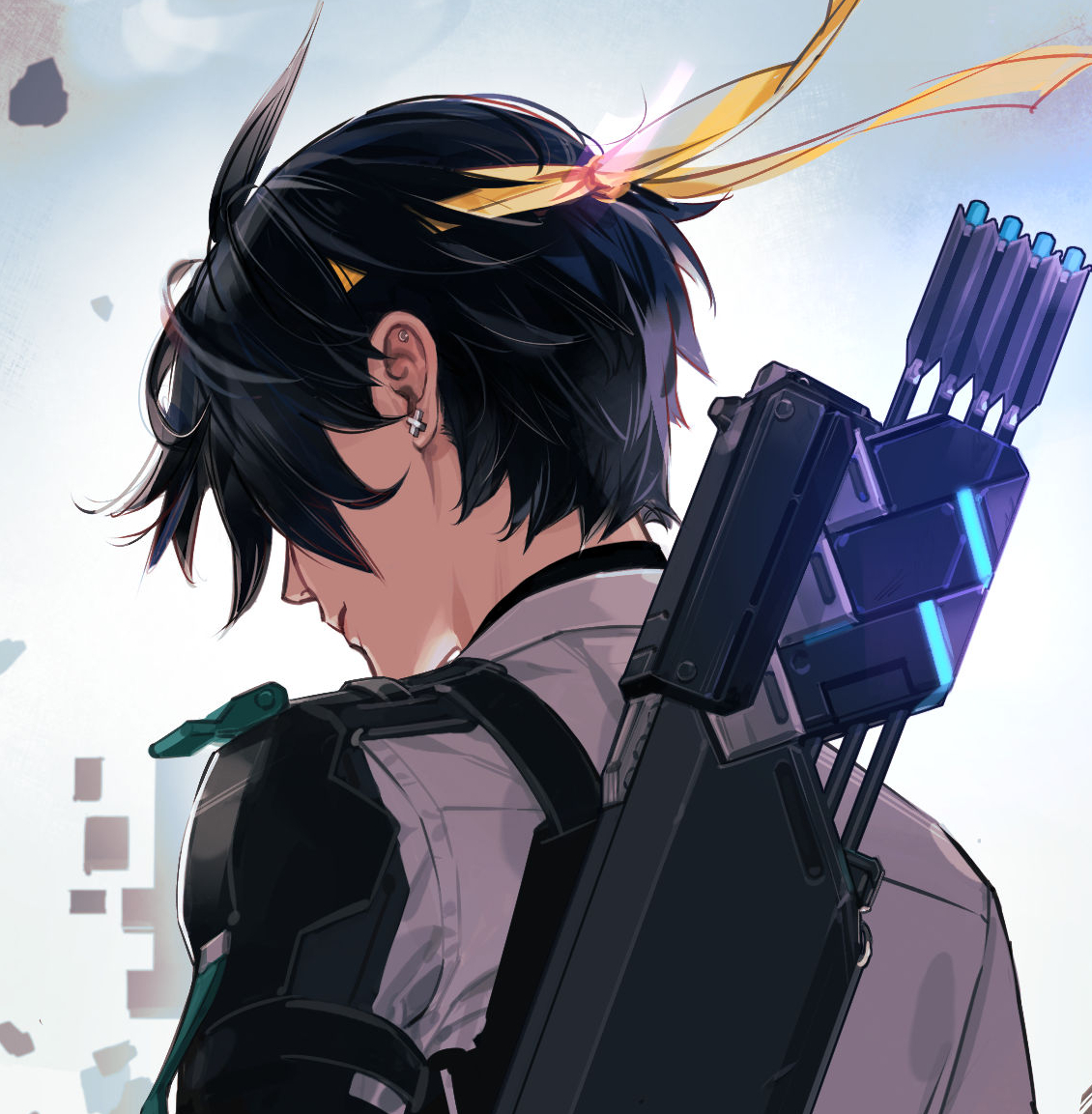 asaba harumasa, zenless zone zero, commentary request, 1boy, armor, arrow (projectile), black hair, blue sky, closed mouth, ear piercing, earrings, from behind, hair over one eye, headband, jewelry, outdoors, piercing, quiver, shirt, short hair, shoulder armor, sky, solo, takashina yuu, white background, white shirt, x-shaped earrings, yellow headband