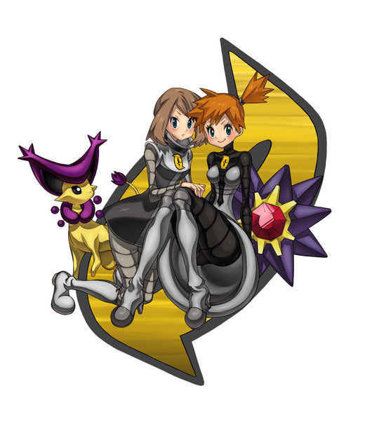sasairebun, delcatty, may (pokemon), misty (pokemon), starmie, nintendo, pokemon, 2girls, alternate costume, blue eyes, blush, boots, brown hair, cat, cosplay, dress, gen 1 pokemon, gen 3 pokemon, gym leader, multiple girls, orange hair, ponytail, short hair, team galactic, team galactic (cosplay)