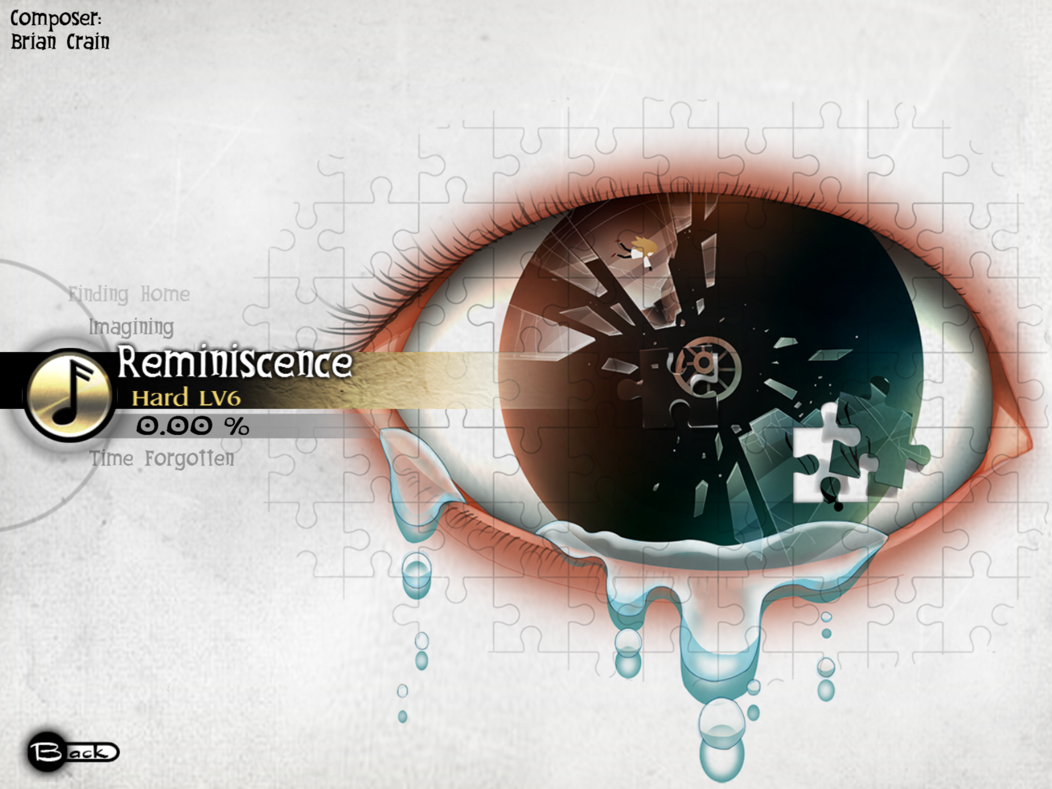 ldt, deemo, highres, 1girl, crying, crying with eyes open, english text, eye focus, jigsaw puzzle, loading screen, puzzle, teardrop, tears, wheel