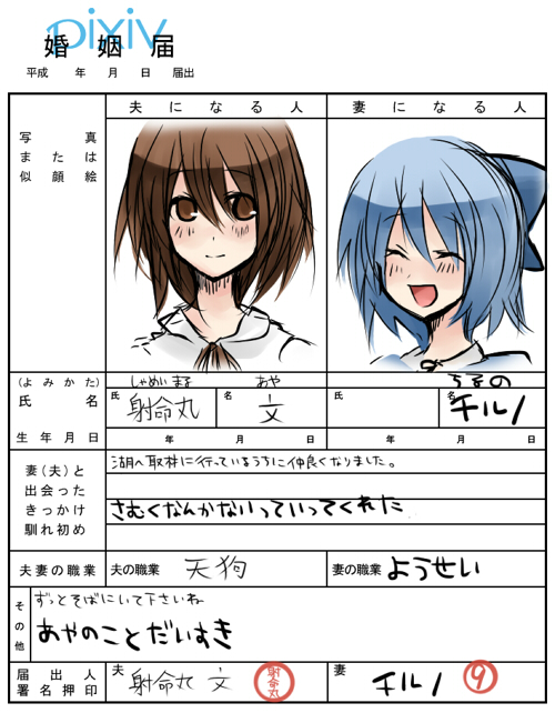 cirno, shameimaru aya, touhou, bad id, bad pixiv id, translation request, 2girls, ^ ^, circled 9, closed eyes, female focus, marriage certificate, multiple girls, yuri