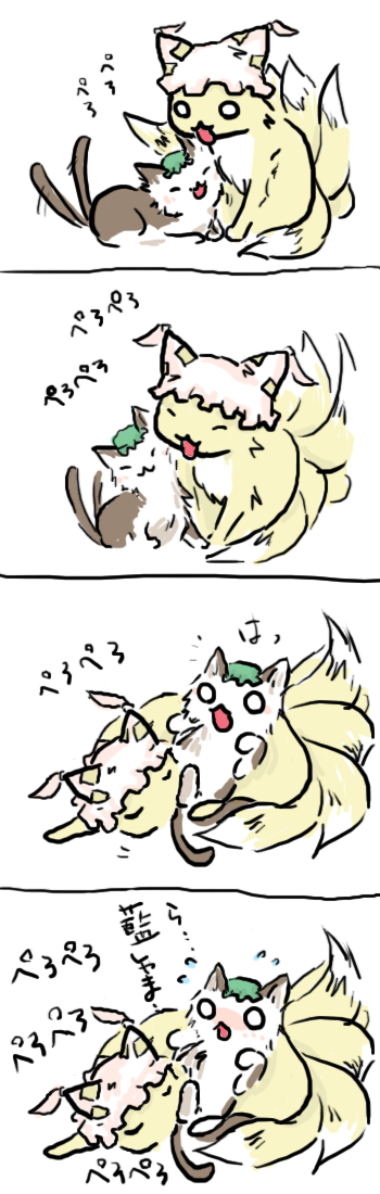 si-ma, chen, chen (cat), yakumo ran, yakumo ran (fox), touhou, bad id, bad pixiv id, long image, tall image, translated, animal hat, animalization, cat, female focus, fox, hat, licking, mob cap, multiple tails, no humans, tail, tassel, yuri