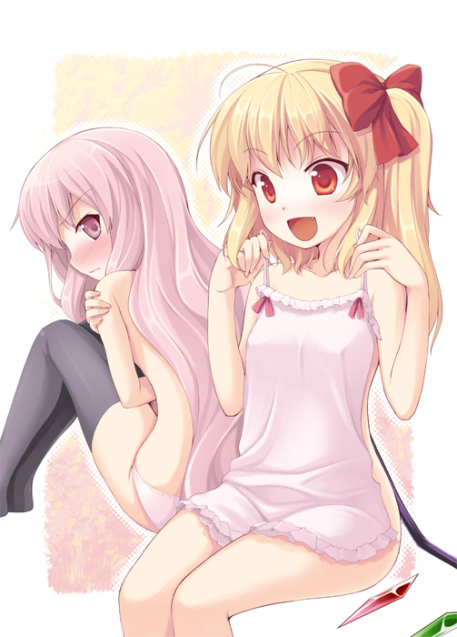 nullken, flandre scarlet, louise francoise le blanc de la valliere, touhou, zero no tsukaima, 00s, 2girls, black thighhighs, blonde hair, blush, chemise, clothes in front, covering privates, crossover, fang, multiple girls, nude, nude cover, panties, pink eyes, pink hair, red eyes, thighhighs, topless female, underwear, underwear only, wings