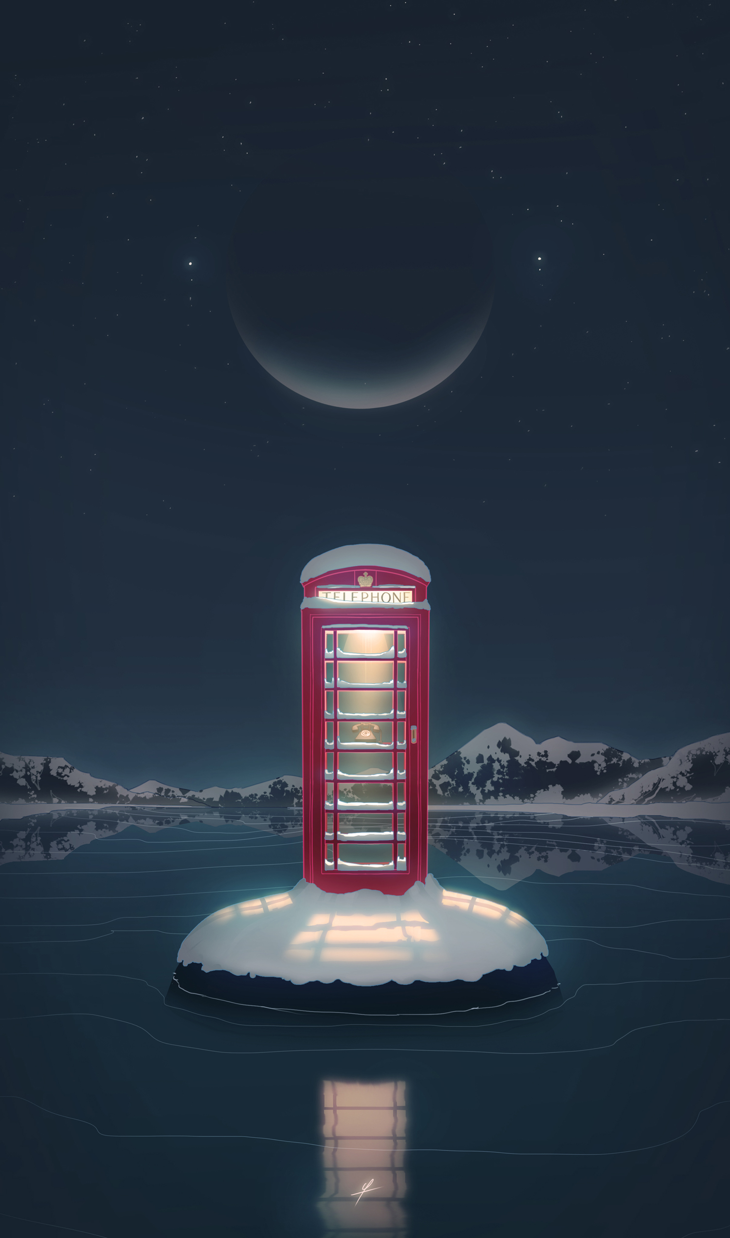 ldt, original, absurdres, highres, corded phone, english text, island, moon, mountain, night, night sky, phone, phone booth, red telephone box (british), scenery, sky, star (sky)