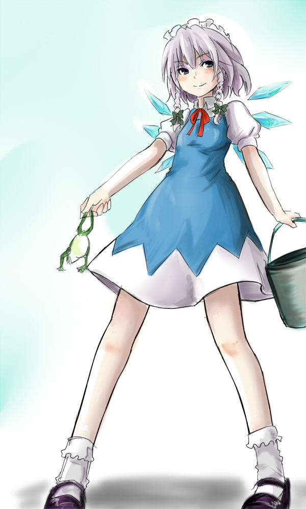 wakie, cirno, izayoi sakuya, touhou, 1girl, braid, bucket, cirno (cosplay), cosplay, dress, female focus, frog, gradient background, short hair, solo, twin braids, white background, wings