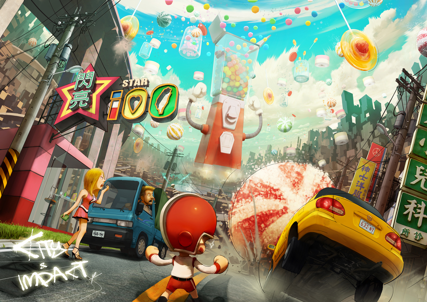 ldt, original, toyota, 1boy, 1girl, american football helmet, blonde hair, candy, car, car crash, city, cityscape, food, gumball machine, helmet, kei truck, lollipop, medium hair, motor vehicle, oversized food, oversized object, short hair, sign, taiwan, truck