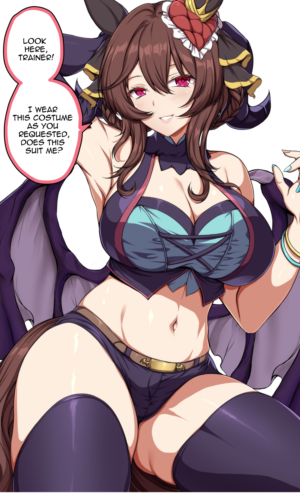 sheita, gentildonna (umamusume), mejiro palmer (devil in the moonlight) (umamusume), mejiro palmer (umamusume), umamusume, clip studio paint (medium), highres, 1girl, animal ears, arm behind head, armpits, bare shoulders, bikini, black bikini, black ribbon, black thighhighs, blue nails, braid, braided hair rings, breasts, cleavage, cosplay, detached sleeves, ear covers, grin, hair between eyes, hair ribbon, hair rings, horse ears, horse girl, horse tail, large breasts, long hair, looking at viewer, mejiro palmer (umamusume) (cosplay), navel, purple eyes, ribbon, single sleeve, smile, solo, stomach, swimsuit, tail, thick thighs, thighhighs, thighs