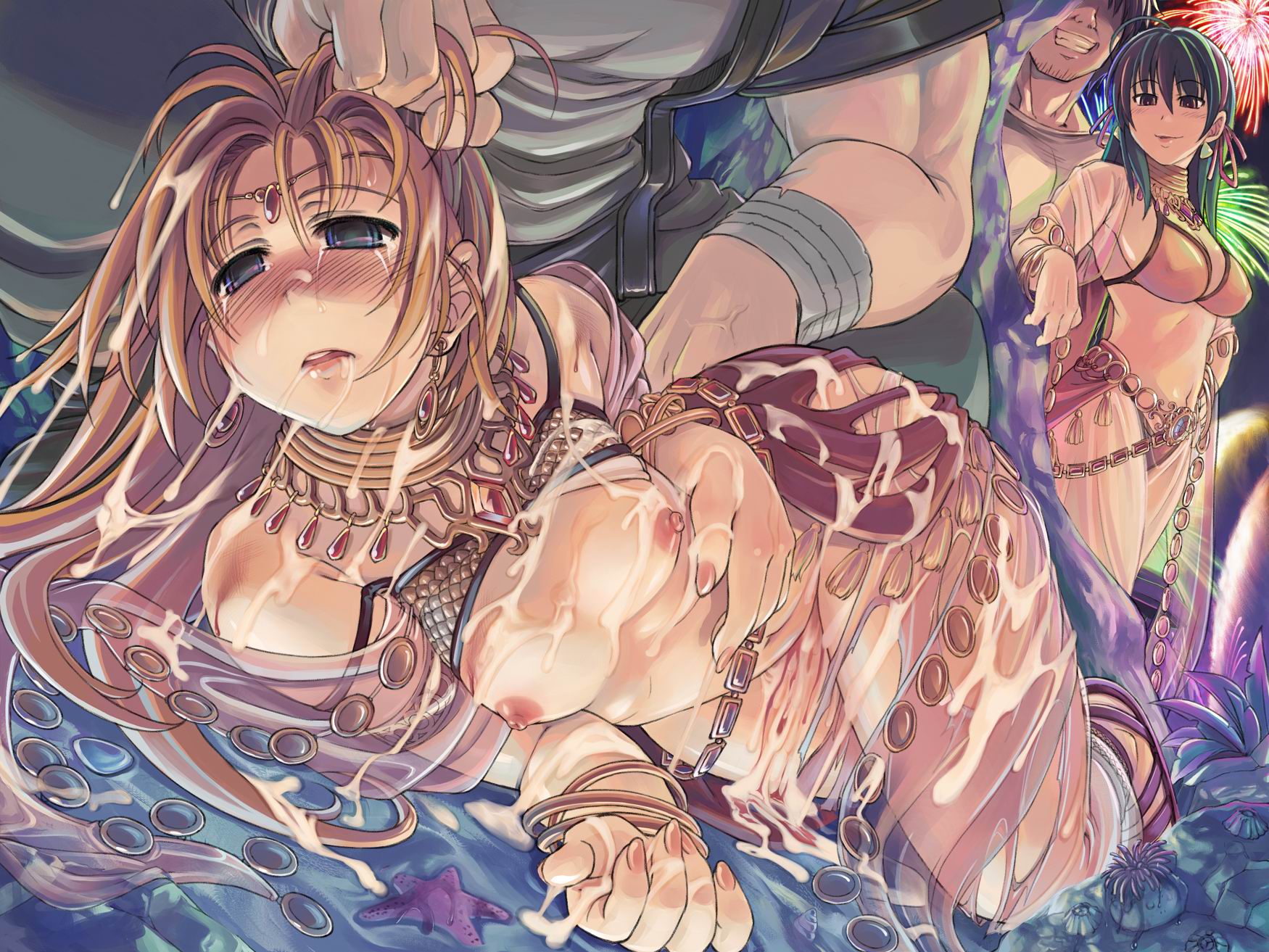 mil (xration), dancer (ragnarok online), swordsman (ragnarok online), ragnarok online, highres, 2boys, 2girls, aerial fireworks, after rape, aftersex, assisted rape, blonde hair, blood, blush, breasts, comodo, cum, defloration, earrings, empty eyes, fireworks, fucked silly, grabbing another's hair, holding another's hair, humiliation, jewelry, long hair, lots of jewelry, multiple boys, multiple girls, nail polish, necklace, nipples, ocean, outdoors, ribbon, small breasts, starfish, swordman, tears, wet, wet clothes