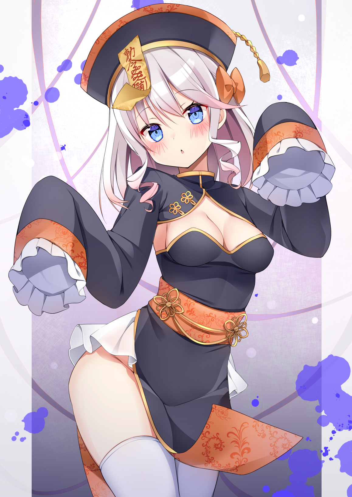 tobio illust, yumekui kohaku, indie virtual youtuber, commentary, commission, highres, skeb commission, 1girl, :o, black dress, black hat, blue eyes, blush, bow, breasts, china dress, chinese clothes, cleavage, cleavage cutout, clothing cutout, cowboy shot, dress, frilled sleeves, frills, grey hair, hair bow, hands up, hat, jiangshi, long hair, long sleeves, looking at viewer, medium breasts, open mouth, orange bow, pelvic curtain, sleeves past fingers, sleeves past wrists, solo, thighhighs, virtual youtuber, white thighhighs
