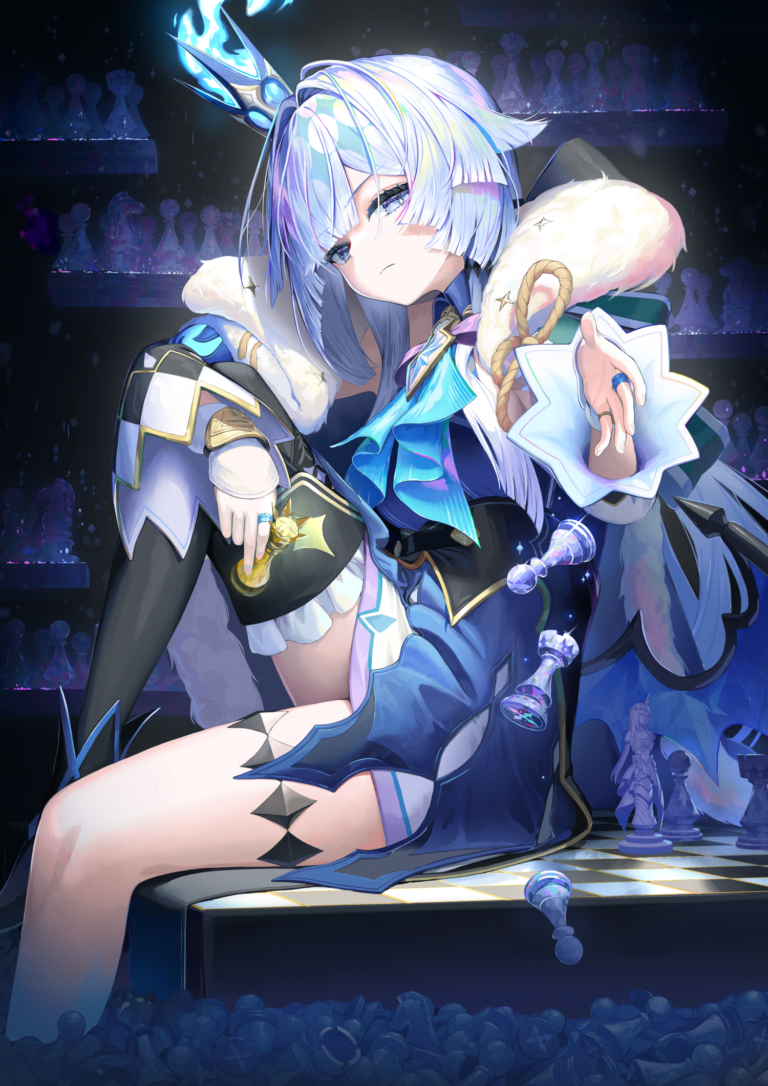 pi (p77777778), cerydra (honkai: star rail), honkai: star rail, honkai (series), highres, 1girl, blue dress, blue eyes, blue hair, crown, dress, jewelry, long hair, looking at viewer, mini crown, sitting, solo
