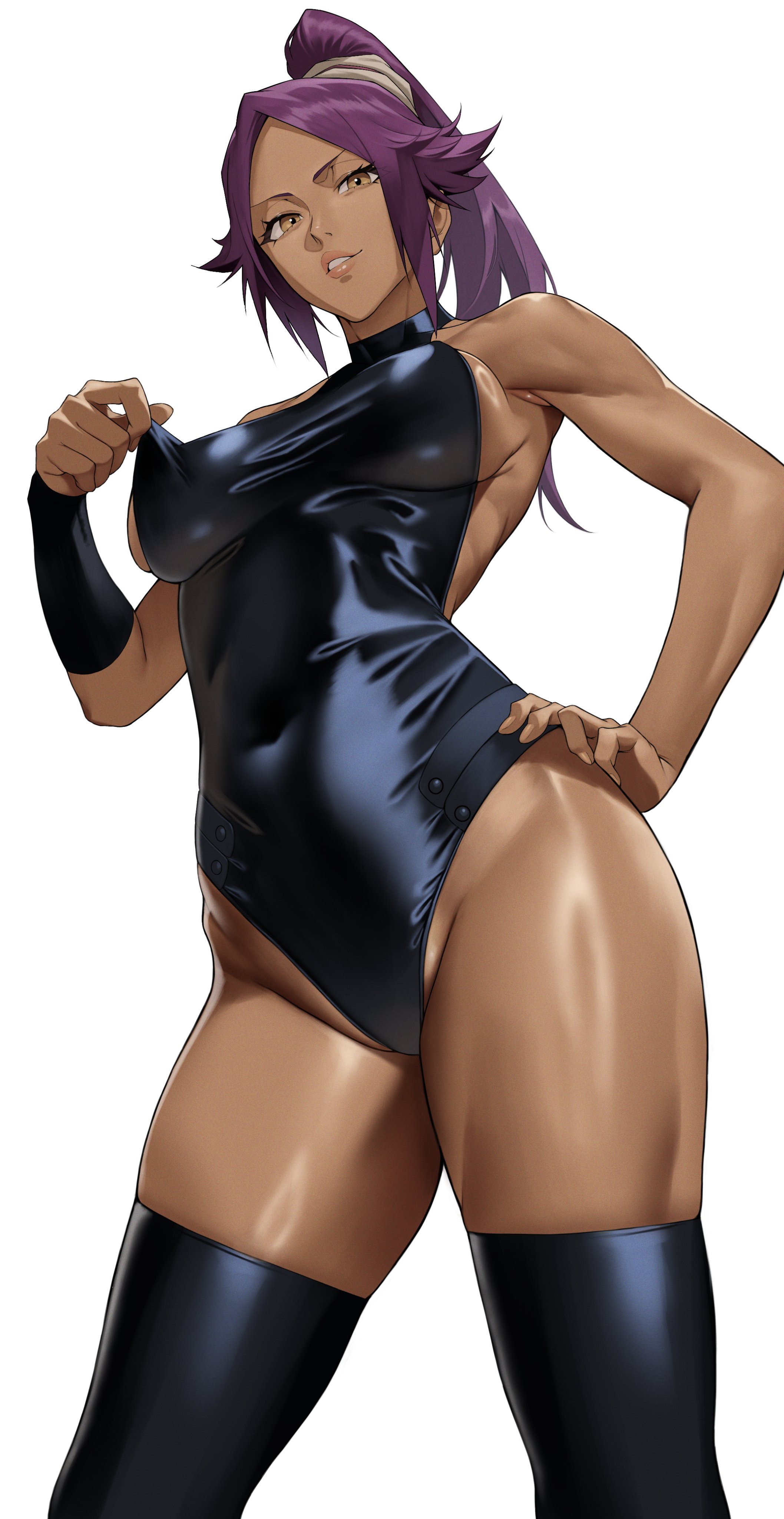 yoshio (55level), shihouin yoruichi, bleach, absurdres, highres, 1girl, black leotard, black thighhighs, breasts, curvy, dark-skinned female, dark skin, from below, groin, hand on own hip, high ponytail, large breasts, leotard, lips, looking at viewer, parted lips, ponytail, purple hair, simple background, solo, thighhighs, thighs, white background, yellow eyes