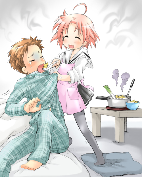 ubizo, kogami akira, shiraishi minoru, lucky star, 00s, 1boy, 1girl, ahoge, apron, bad food, barefoot, cooking, feeding, force-feeding, forced, futon, pajamas, pantyhose, smile, spring onion, tears