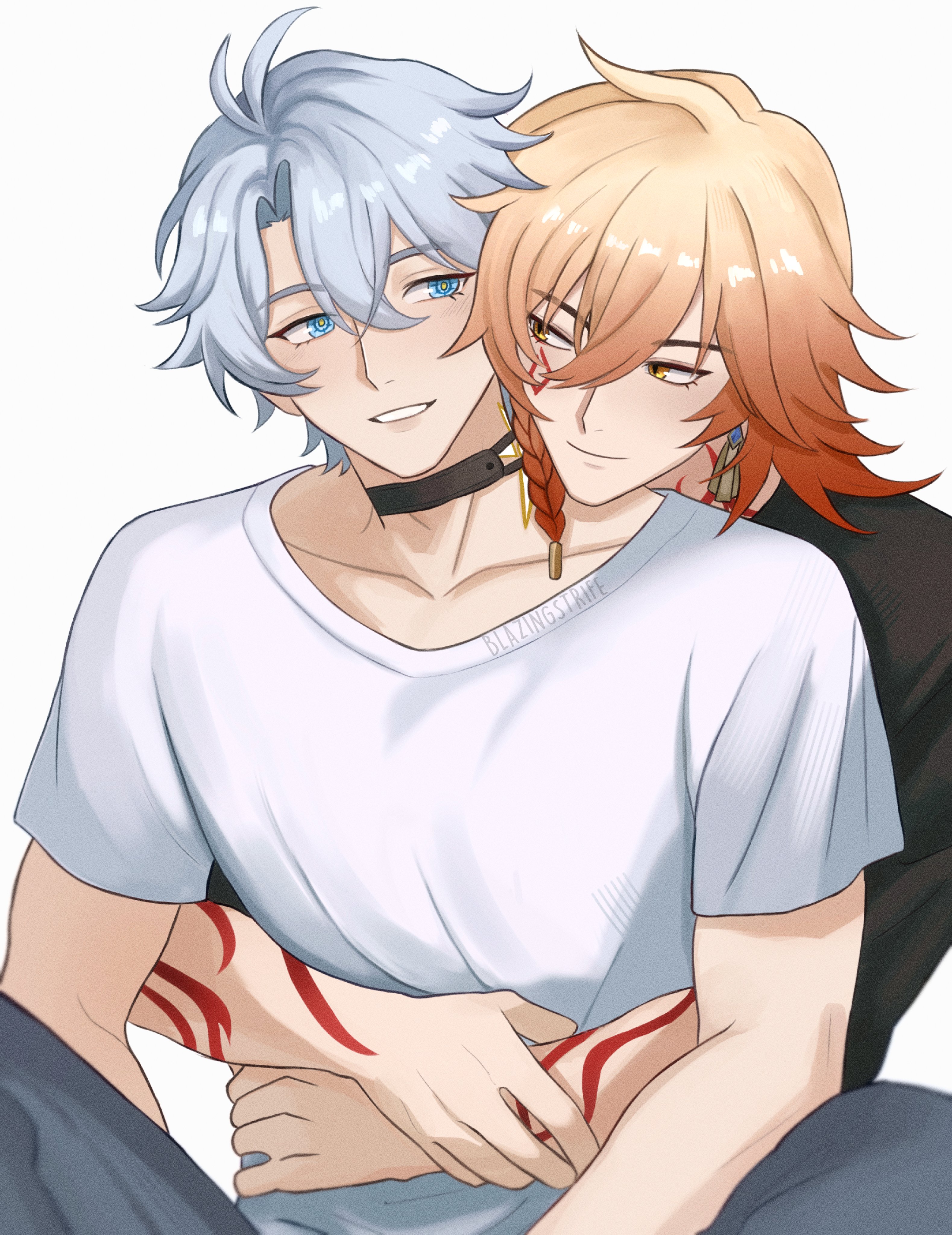 mydei (honkai: star rail), phainon (honkai: star rail), honkai: star rail, honkai (series), absurdres, hashtag-only commentary, highres, 2boys, antenna hair, arm tattoo, black choker, black shirt, blazingstrife, blonde hair, blue eyes, braid, choker, facial tattoo, gradient hair, hug, hug from behind, male focus, medium hair, multicolored hair, multiple boys, parted bangs, red hair, red tattoo, shirt, short hair, side braid, simple background, tattoo, white background, white hair, white shirt, yaoi, yellow eyes