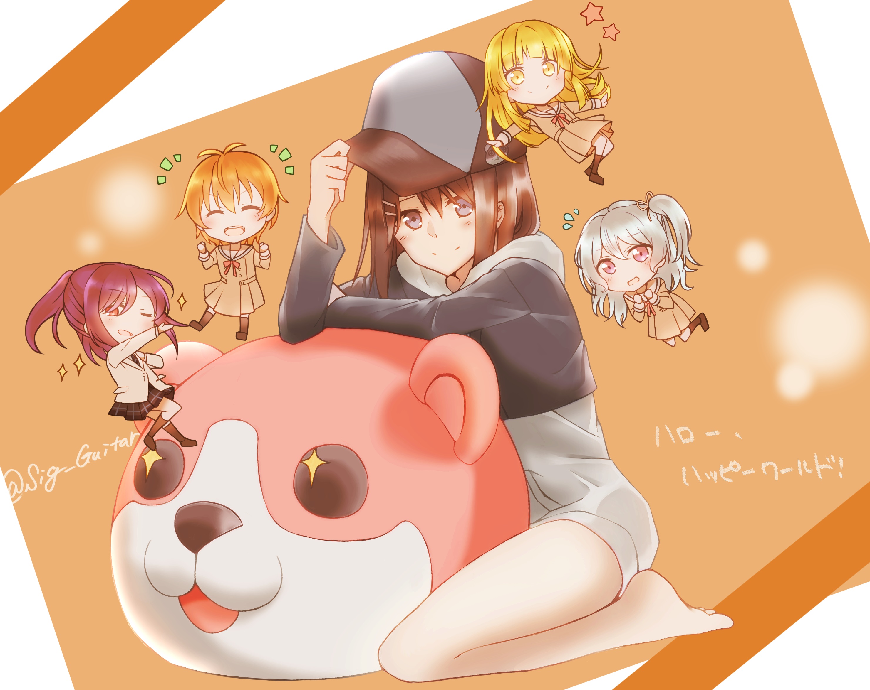 shigure (sigre), kitazawa hagumi, matsubara kanon, okusawa misaki, seta kaoru, tsurumaki kokoro, bang dream!, highres, 5girls, barefoot, black hat, black jacket, brown hair, chibi, closed mouth, cropped jacket, hanasakigawa school uniform, haneoka school uniform, hat, hello happy world!, jacket, looking at viewer, multiple girls, purple eyes, school uniform, smile, solo