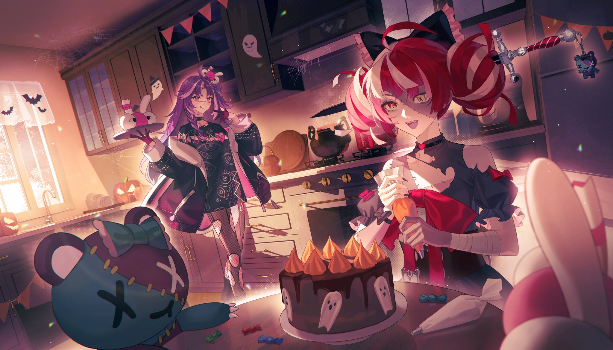 xiisalt, jared (michi mochievee), kureiji ollie, kureiji ollie (1st costume), michi mochievee, udin (kureiji ollie), hololive, hololive indonesia, indie virtual youtuber, commentary, english commentary, highres, 2girls, :d, :q, ahoge, baking, bandaid on wrist, bare shoulders, black bow, black choker, black gloves, black jacket, black shirt, black thighhighs, blush, bow, bowl, braid, cabinet, cake, candy, choker, clothing cutout, collarbone, counter, diamond-shaped pupils, diamond (shape), dishes, double bun, evening, eye print, fangs, faucet, fishnet thighhighs, fishnets, flat chest, food, frilled sleeves, frills, gloves, grey skirt, hair bow, hair bun, halloween, hands up, heterochromia, holding, holding pastry bag, holding tray, indoors, jacket, jacket partially removed, kitchen, long hair, long sleeves, looking at food, looking at viewer, mismatched pupils, multicolored hair, multiple girls, open clothes, open jacket, open mouth, oven, pastry bag, plate, pocket, print shirt, pumpkin, purple hair, red bow, red eyes, red hair, shirt, short sleeves, shoulder cutout, silk, sink, skirt, smile, spider web, standing, stitched face, stitches, stove, stuffed animal, stuffed toy, sword, symbol-shaped pupils, table, teddy bear, teeth, thighhighs, tongue, tongue out, torn clothes, torn shirt, torn thighhighs, tray, two-tone hair, upper teeth only, virtual youtuber, weapon, white hair, white skirt, white streaks, window, x-shaped pupils, yellow eyes, zipper, zombie