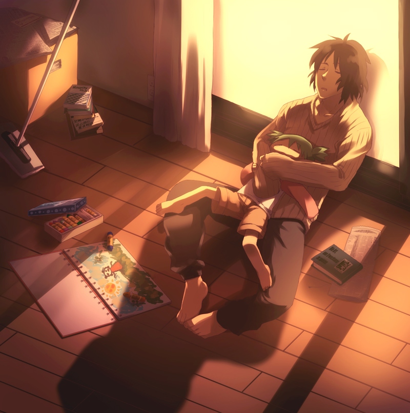 tore, tore (ksg666xxx), koiwai yotsuba, mr. koiwai, yotsubato!, 1boy, 1girl, age difference, barefoot, book, box, child, closed eyes, crayon, curtains, family, father and daughter, green hair, hug, indoors, newspaper, notebook, sleeping, slice of life, window