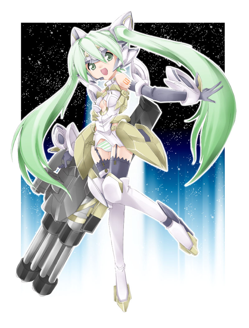 chicago-x, hatsune miku, kos-mos, kos-mos ver. 4, vocaloid, xenosaga, xenosaga episode iii, bad id, bad pixiv id, 1girl, cosplay, elbow gloves, female focus, garter straps, gloves, green eyes, green hair, gun, headset, kos-mos (cosplay), matching hair/eyes, panties, solo, striped clothes, striped panties, thighhighs, twintails, underwear, weapon