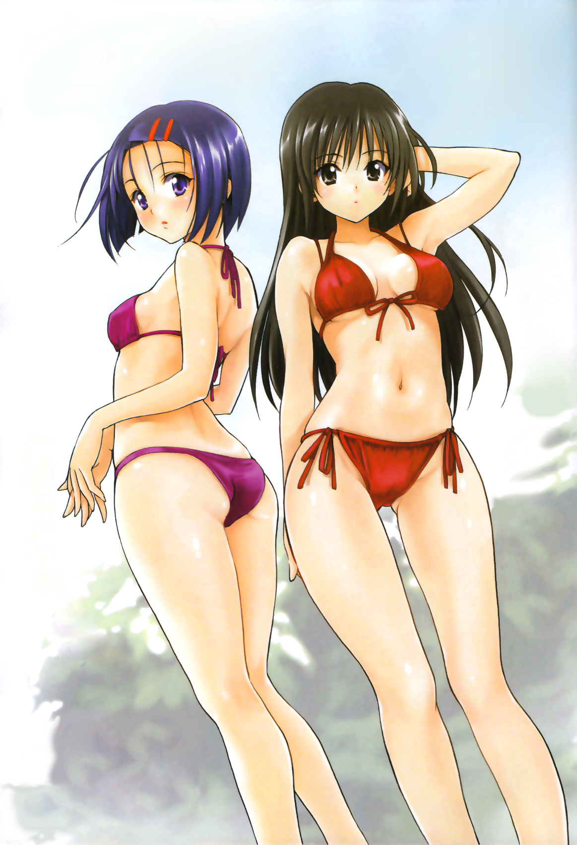 yabuki kentarou, kotegawa yui, sairenji haruna, to love-ru, highres, scan, 00s, 2girls, ass, back, bikini, black hair, front-tie top, long hair, multiple girls, purple bikini, purple eyes, purple hair, red bikini, short hair, side-tie bikini bottom, swimsuit